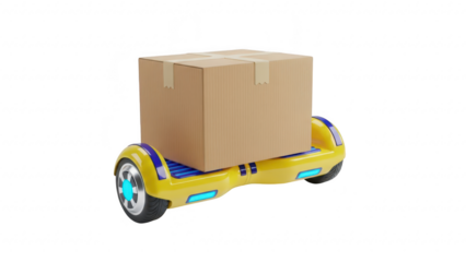 Yellow hoverboard with cardboard box on top for delivery and transportation concepts isolated on transparent background