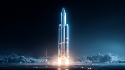 Rocket lifting off from a launch pad symbolizing space exploration ambitious innovation and technological progress.
