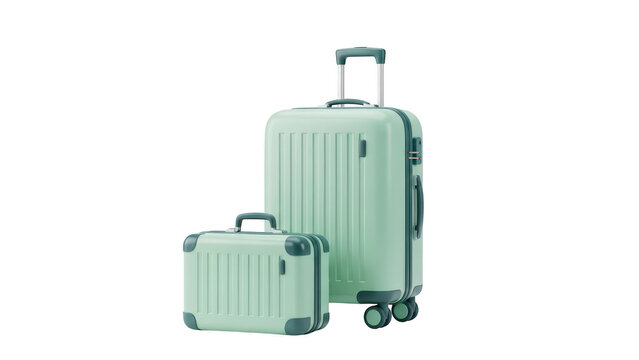 Two green suitcases with wheels on transparent background for travel