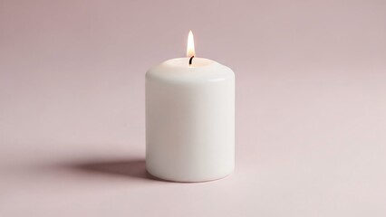 A lit white candle with a small flame on a soft pink background creating a peaceful ambiance and warm glow
