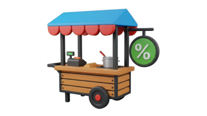 Colorful food cart with discount sign on transparent background