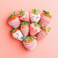 Obraz premium A delightful assortment of strawberries dipped in chocolate with decorative toppings, arranged in a heart shape on a pink background. Generative AI.