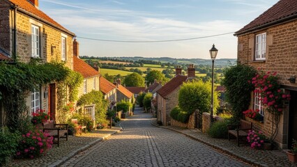 Fototapeta premium quaint english village street with stone cottages and flowers