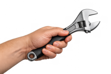 Hand holding adjustable wrench on transparent background