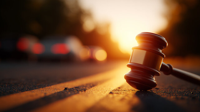 Judge gavel on a roadway at sunset with traffic behind, representing legal enforcement of road safety and regulations.
