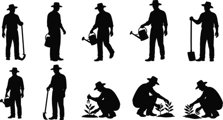 Obraz premium Silhouettes of person performing gardening tasks with tools and plants, farming and horticulture theme illustration, transparent background graphic