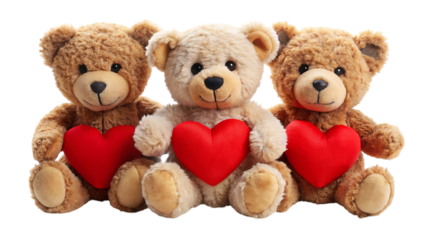 Three teddy bears holding red hearts on black background