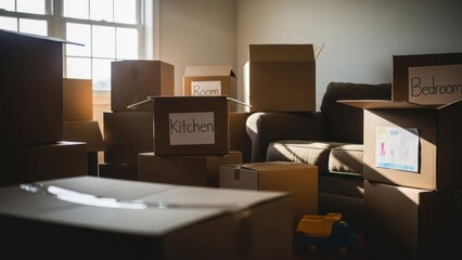 Boxes stacked in a room, ready for moving, some labelled