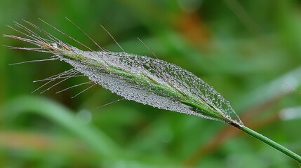 Fototapeta premium Delicate Dewdrops Adorning a Blade of Grass in Morning Light