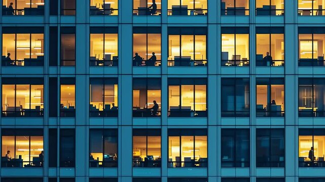 Office building at night with lit windows and silhouettes of workers.