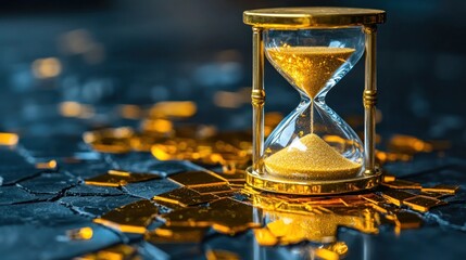 Golden hourglass on shattered gold tiles
