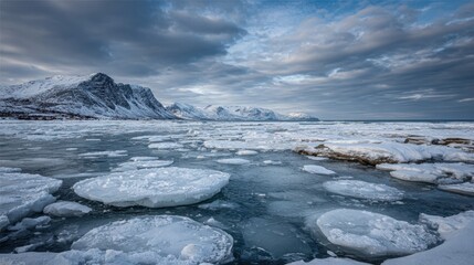 Frozen landscape with ice formations in a remote coastal area under a cloudy sky
