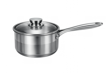 Stainless steel saucepan with glass lid on transparent background