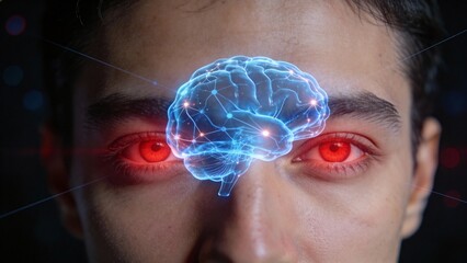 Human brain overlay on face with glowing eyes