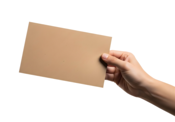 A hand holding a brown cardboard rectangle isolated on transparent background