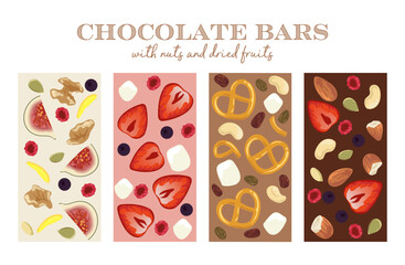 Chocolate bars with fruits, nuts and pretzels &ndash; vector illustration