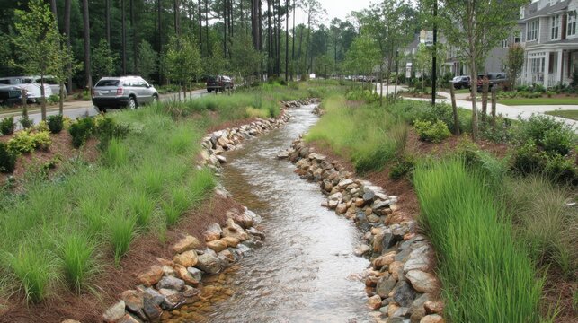 Urban bio-retention swale with rocky edges and lush vegetation directing water flow through a residential area.