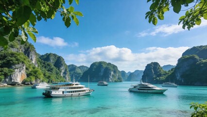 Boats in turquoise bay with green hills