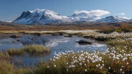 Fototapeta premium Scenic view of snow-capped mountains and flowering wetlands in a tranquil landscape