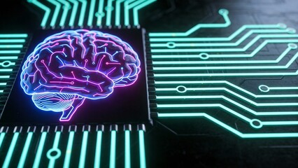 Neon brain on circuit board