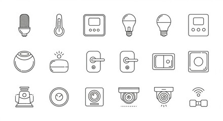 Smart home automation streamlined icons for modern living featuring energy efficient lighting climate control and enhanced security systems in minimalist line art style
