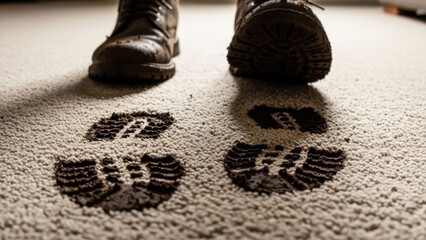 Close-up of muddy boots with prints on a carpeted floor
