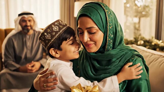 Joyful Emirati Family Celebrates Eid Al-Fitr with Gifts and Hugs in a Warm Home Setting.