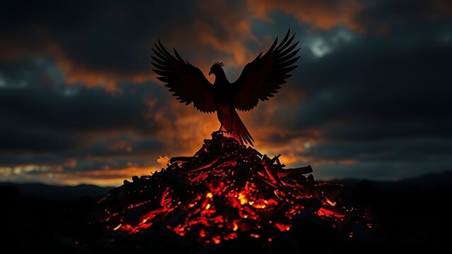 birdlike. Silhouette of a phoenix rising from ashes, backlit by glowing embers in dramatic sky. wildlife magazines, conservation campaigns, designed for eco-tourism storytelling.