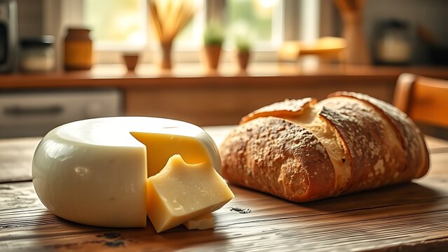 scamorza. Glossy scamorza cheese and fresh bread on rustic wooden table. menu design, packaging mockups, designed for culinary blogs and recipe cards for restaurants, used by account managers.