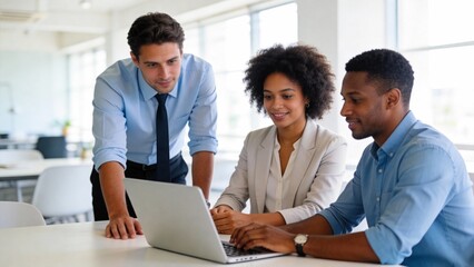 Three business professionals working together on laptop