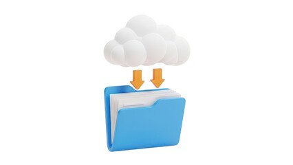 A blue folder with a cloud and arrows pointing down to it isolated on transparent background