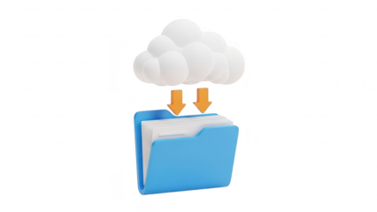 A blue folder with a cloud and arrows pointing down to it isolated on transparent background