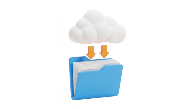 A blue folder with a cloud and arrows pointing down to it isolated on transparent background - Powered by Adobe