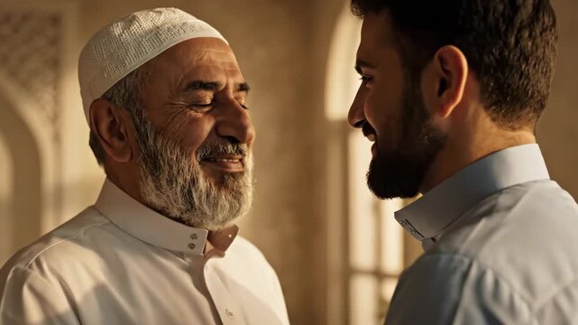 Muslim father and son embrace each other with love and respect during a religious celebration.