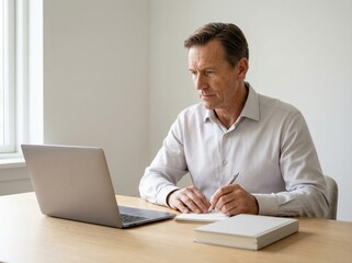Fototapeta premium A middle-aged man in a light shirt sitting at a desk, writing notes while using a laptop.