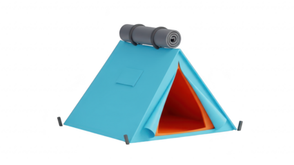 Blue tent with orange interior and sleeping bag on top isolated on transparent background