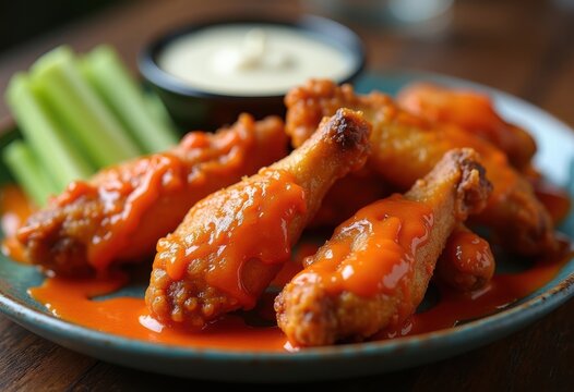 Crispy Chicken Wings Coated with Fiery Buffalo Heat Surrounding Dipping Sauce Visuals