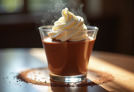 Decadent Chocolate Mousse Presentation in Sleek Glass Cup Above Whipped Topping Decorative Swirl