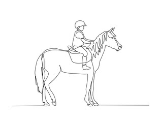 Continuous one line art drawing of young boy riding horse vector illustration. Equestrian in action illustration Editable stroke.