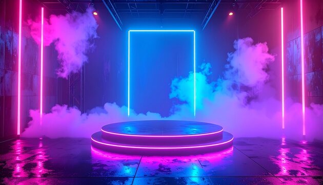 Magical 90s film vibe with neon-lit stage props and misty background, bold color pops,