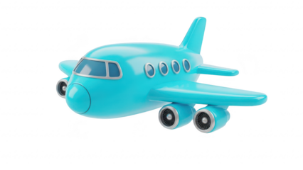 A blue toy airplane model with wheels on transparent background for kids or children play