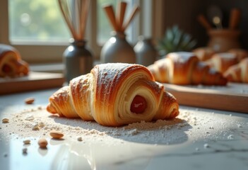 Golden Almond Croissant Pastry on Marble Counter Rustic Bakery Ambiance Surrounded by Vintage Baking Tools and Utensils
