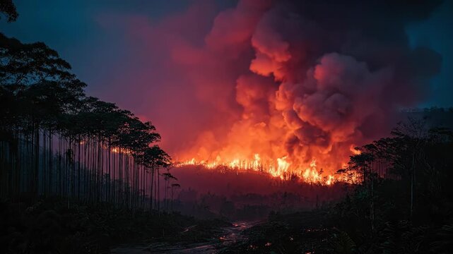 Dramatic Wildfire Igniting Forest Landscape at Night with Dark Smoke and Bright Flames, Environmental Crisis Footage for Awareness and Education