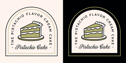 Pistachio cream layer cake nut butter flavor logo for homemade cheesecake label sticker packaging tag design. Fancy luxury retro green aesthetic creamy dessert slice drawing text illustration print.