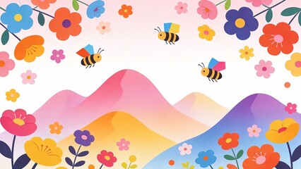 Colorful flowers and bees in mountain landscape