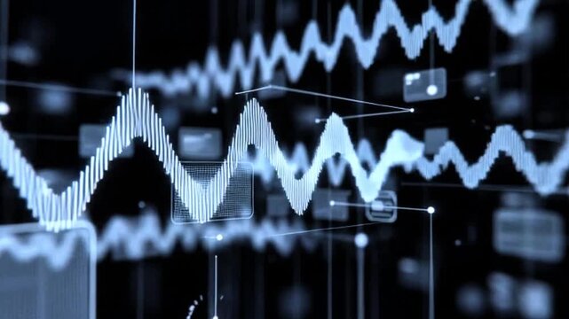 Waveform Visualization an immersive display of digital waveforms, where undulating lines dance across a dark canvas, signifying the ebb and flow of data in the digital realm.