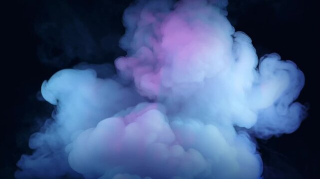 cinematic video of dense white smoke cluster suspended pure black background, smoke dynamically swirling alive, subtle neon blue purple light glows smoke, slow-motion, volumetric depth ethereal sci-fi