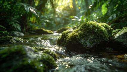 Mossy rocks in a forest stream