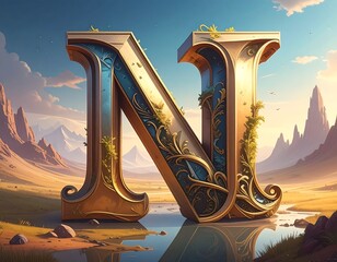 Large ornate letter "N" set against a serene landscape