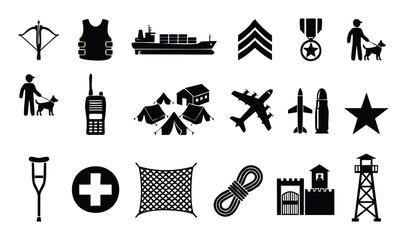 Collection of essential military and outdoor defense related icons representing equipment, symbols, and essential tools, suitable for graphic resource applications and informational web